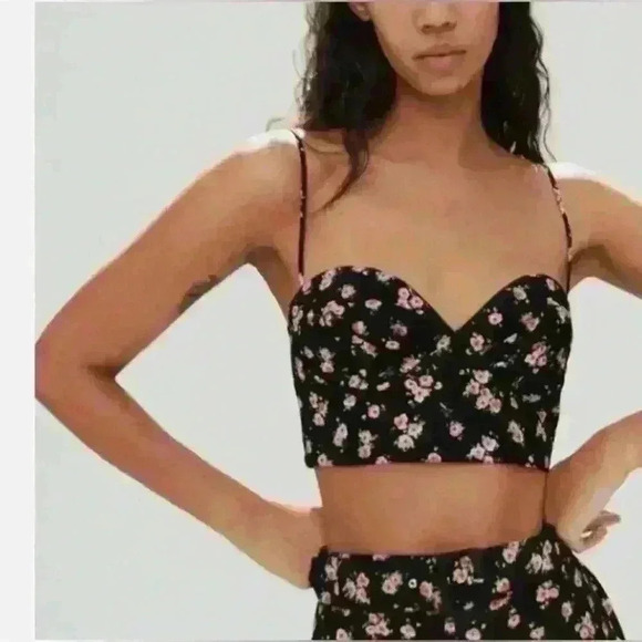 Zara Floral Bustier Corset Crop  Top Black Pink Size S - Picture 1 of 7